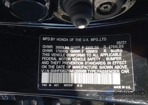 2021 Honda Civic Type R Touring z USA, uszkodzony, nr VIN SHHFK8G78MU205089